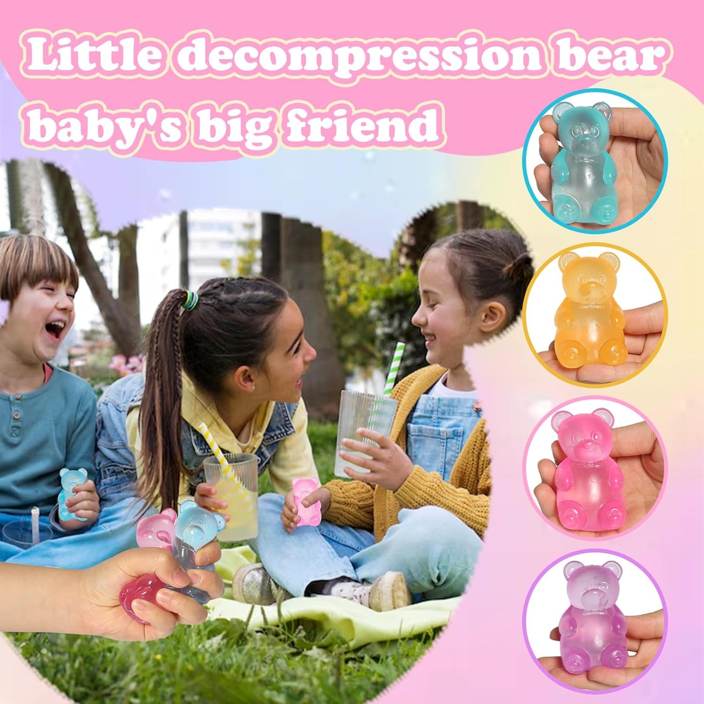 4pc Stress Gummy Bear Squishy Stress Balls for Adults Kids Fidget Toy | for Your Best Mellow and Chill Bear Shape squeeze Fidget Toys for Kids Adult, Party Favors Anxiety Relief