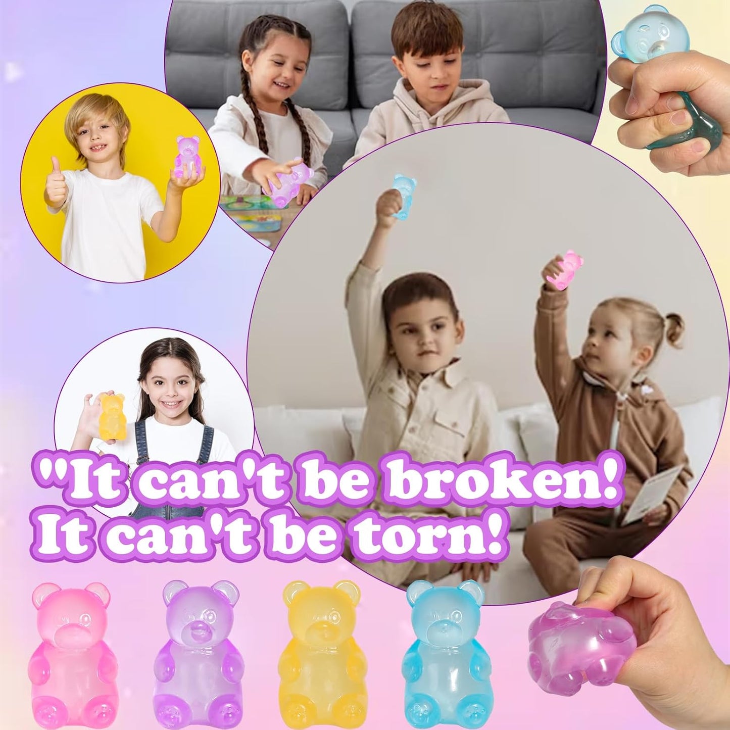4pc Stress Gummy Bear Squishy Stress Balls for Adults Kids Fidget Toy | for Your Best Mellow and Chill Bear Shape squeeze Fidget Toys for Kids Adult, Party Favors Anxiety Relief