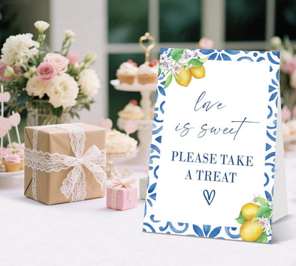 Mediterranean Lemon Bridal Shower Sign, Love Is Sweet Sign, Include One 8×11 Signs with Holder, Dessert Table Decor, Bridal Shower Centerpieces for Tables, Wedding Decor Supplies - SD45