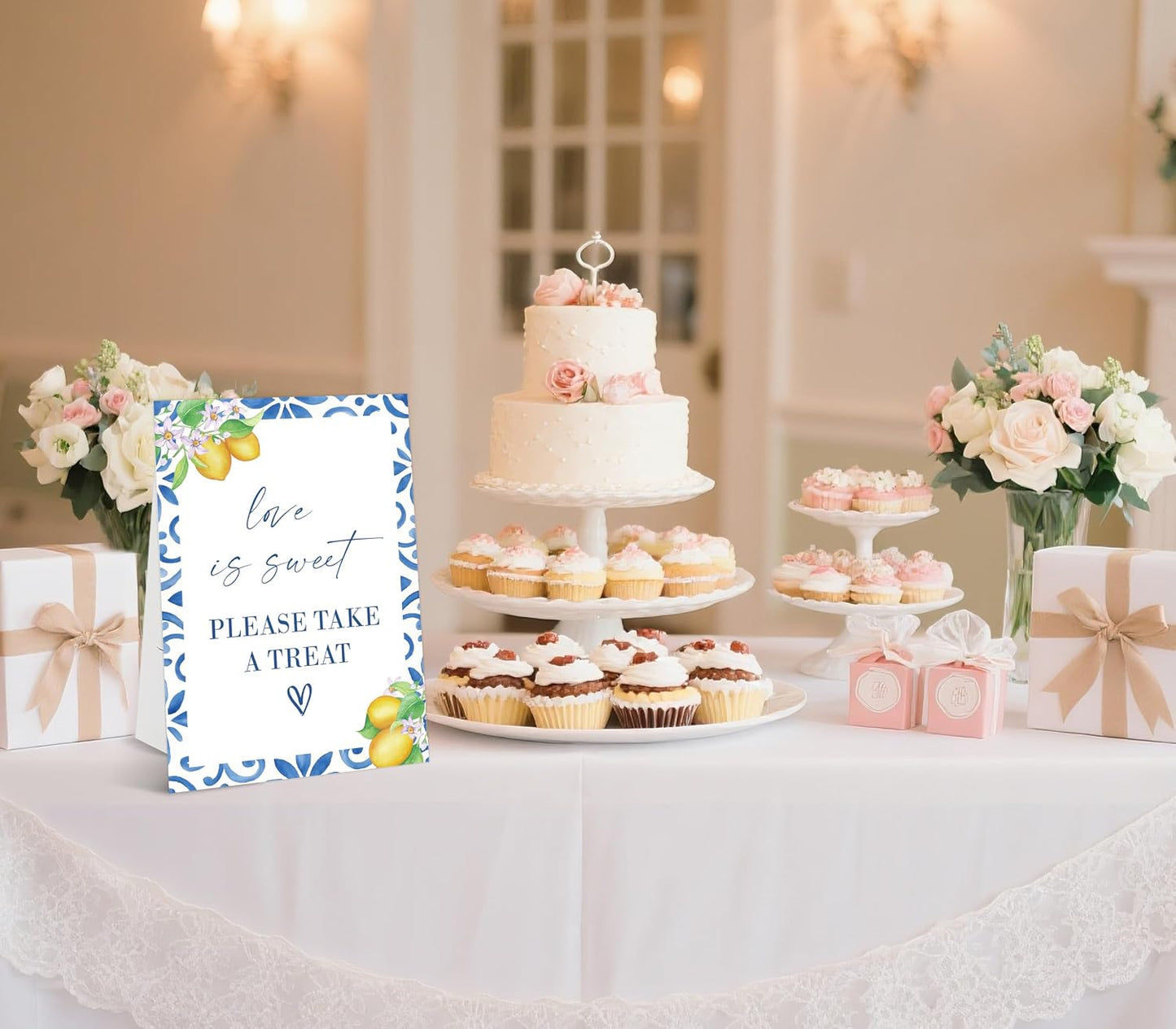 Mediterranean Lemon Bridal Shower Sign, Love Is Sweet Sign, Include One 8×11 Signs with Holder, Dessert Table Decor, Bridal Shower Centerpieces for Tables, Wedding Decor Supplies - SD45