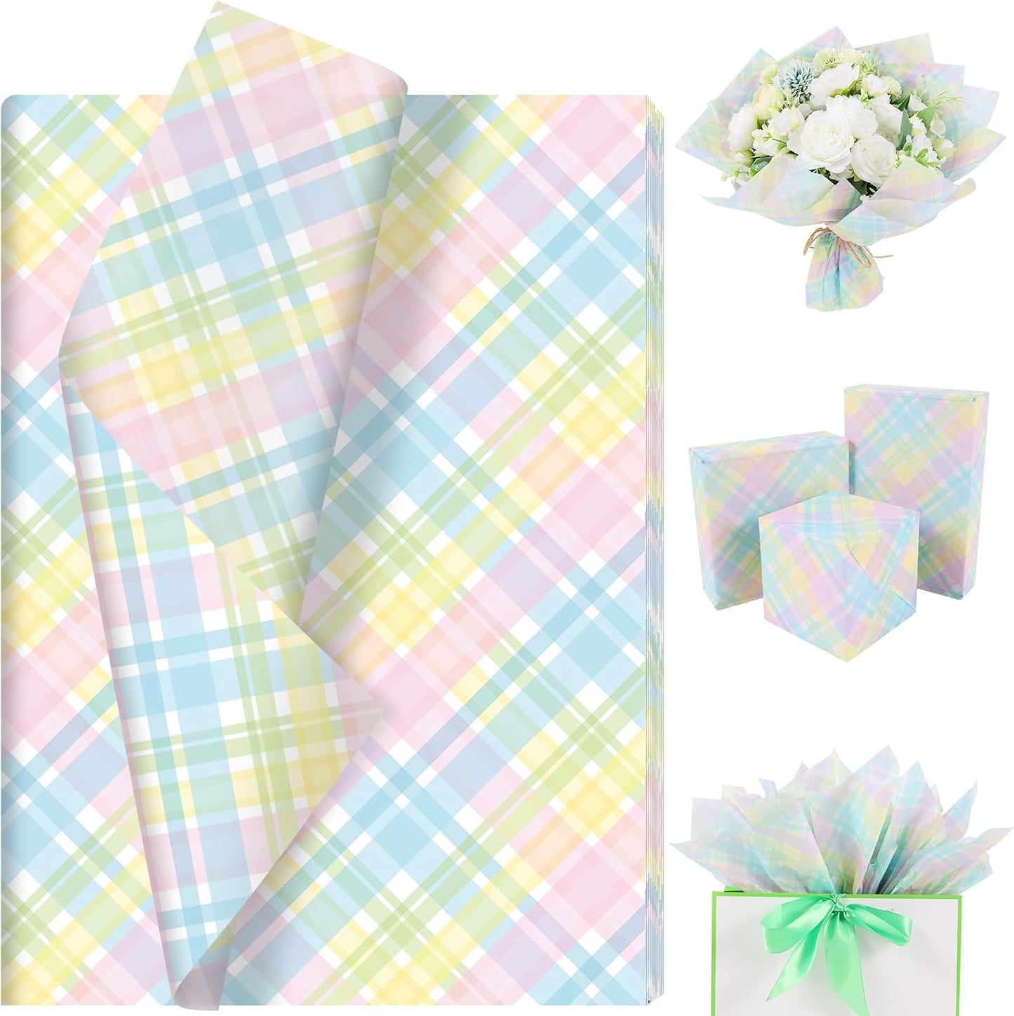100 Sheets Pastel Plaids Tissue Paper, Spring Buffalo Palids Gift Wrapping Paper for Spring Easter Birthday Baby Shower Party Supplies, 20'' x 14''