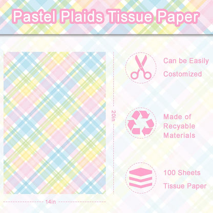 100 Sheets Pastel Plaids Tissue Paper, Spring Buffalo Palids Gift Wrapping Paper for Spring Easter Birthday Baby Shower Party Supplies, 20'' x 14''