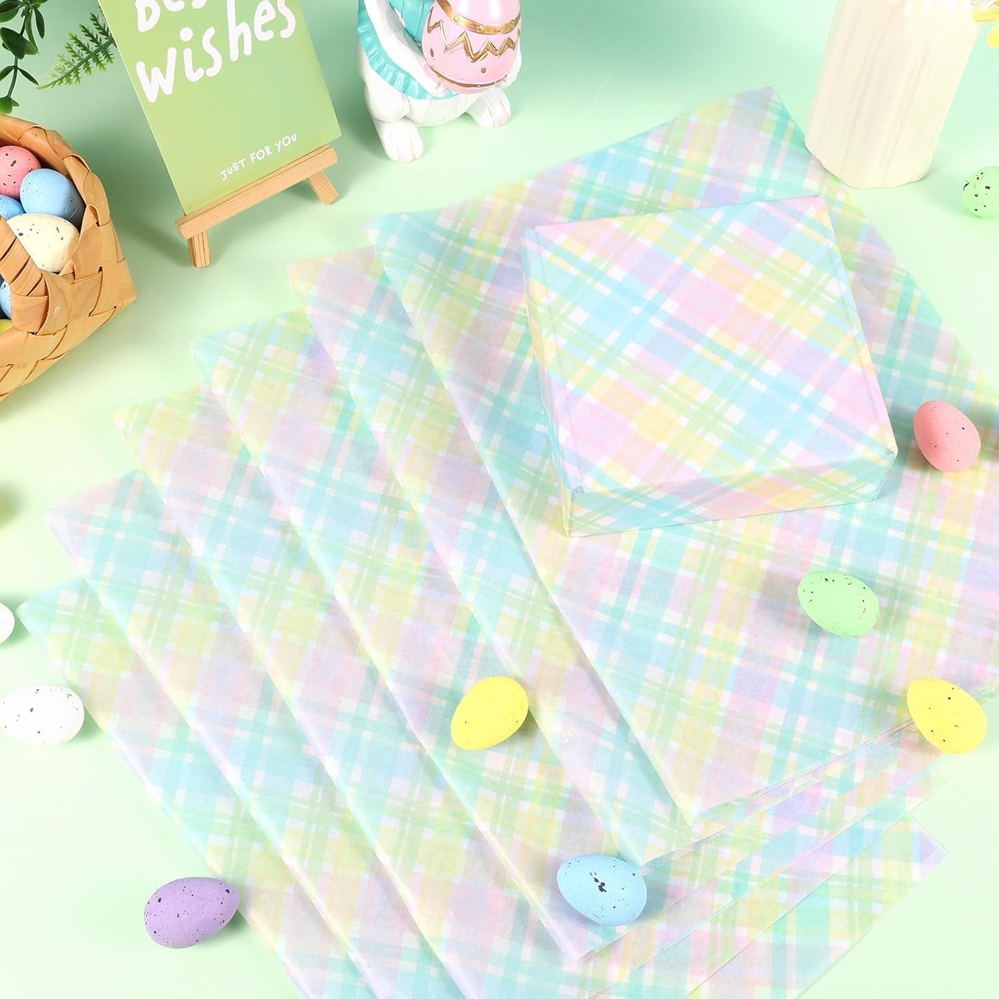 100 Sheets Pastel Plaids Tissue Paper, Spring Buffalo Palids Gift Wrapping Paper for Spring Easter Birthday Baby Shower Party Supplies, 20'' x 14''