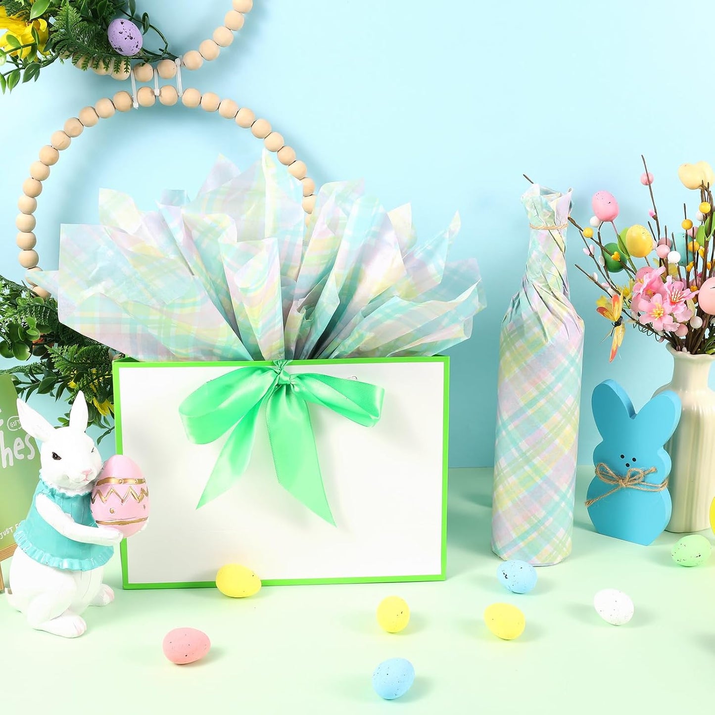 100 Sheets Pastel Plaids Tissue Paper, Spring Buffalo Palids Gift Wrapping Paper for Spring Easter Birthday Baby Shower Party Supplies, 20'' x 14''