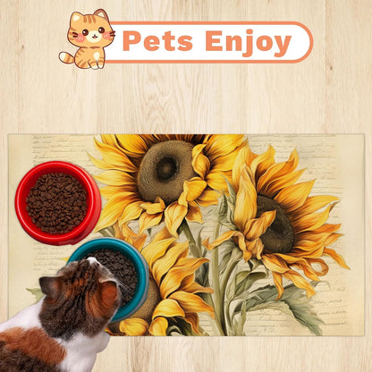 Dog Food Mat Yellow Sunflower Absorbent Dog Cat Bowl Mat for Food and Water Pet Feeding Dispenser Mat for Dogs Cats Pet Supplies 12" x 20"