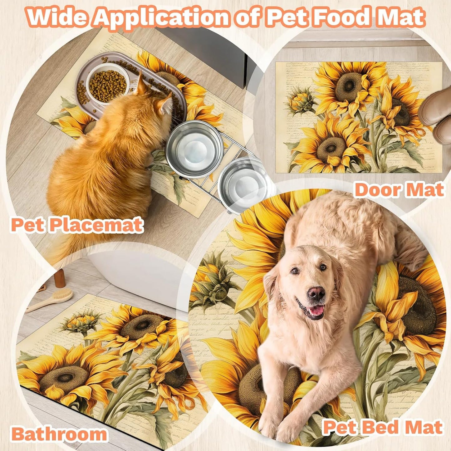 Dog Food Mat Yellow Sunflower Absorbent Dog Cat Bowl Mat for Food and Water Pet Feeding Dispenser Mat for Dogs Cats Pet Supplies 12" x 20"