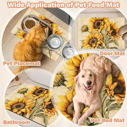 Dog Food Mat Yellow Sunflower Absorbent Dog Cat Bowl Mat for Food and Water Pet Feeding Dispenser Mat for Dogs Cats Pet Supplies 12" x 20"