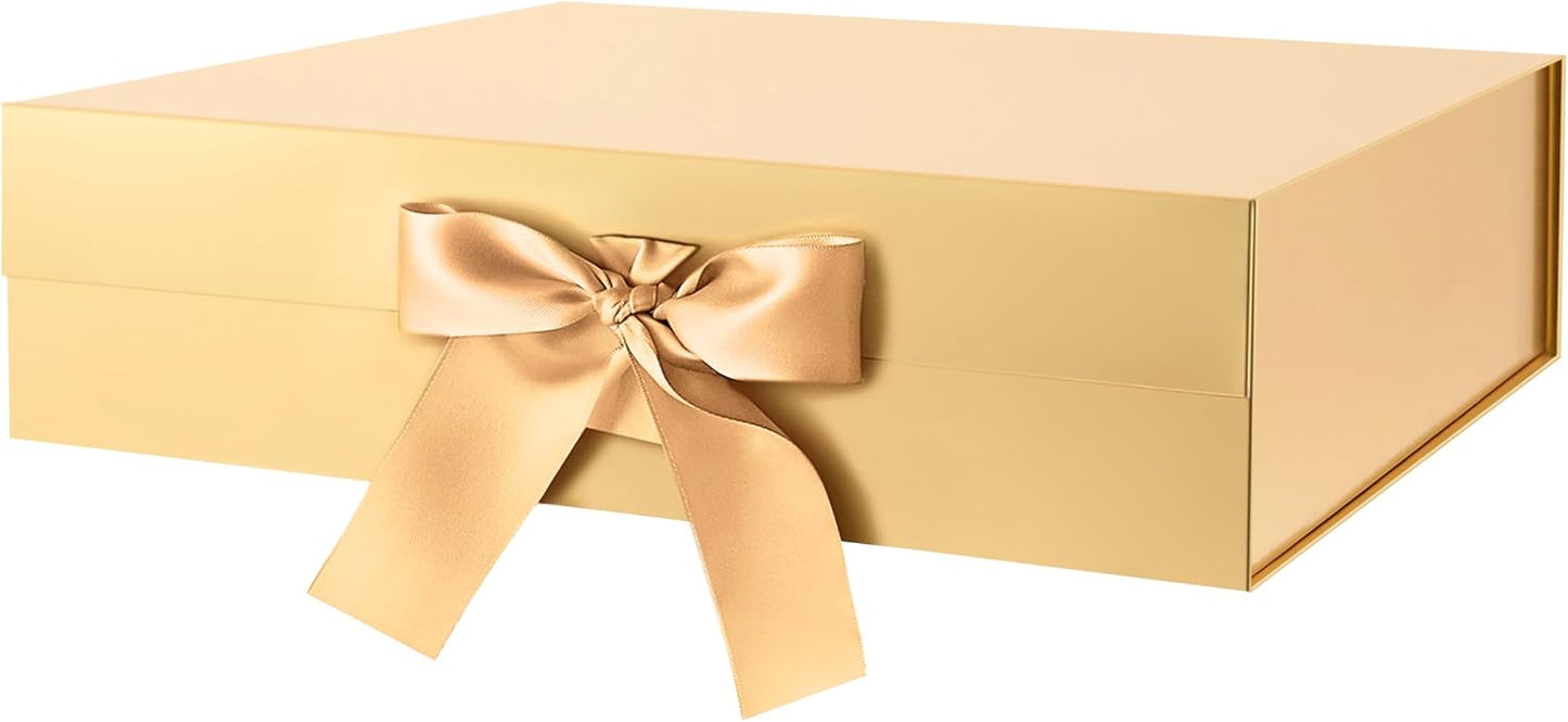 Large Gift Box with Lid for Present 13x9.7x3.4 Inches, Gold Magnetic Luxury Gift Box with Ribbon, Christmas Bridesmaid Proposal Gifts Box (Glossy Gold)