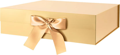 Large Gift Box with Lid for Present 13x9.7x3.4 Inches, Gold Magnetic Luxury Gift Box with Ribbon, Christmas Bridesmaid Proposal Gifts Box (Glossy Gold)