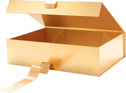 Large Gift Box with Lid for Present 13x9.7x3.4 Inches, Gold Magnetic Luxury Gift Box with Ribbon, Christmas Bridesmaid Proposal Gifts Box (Glossy Gold)