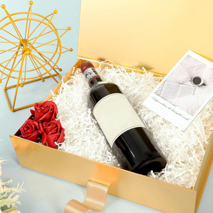 Large Gift Box with Lid for Present 13x9.7x3.4 Inches, Gold Magnetic Luxury Gift Box with Ribbon, Christmas Bridesmaid Proposal Gifts Box (Glossy Gold)