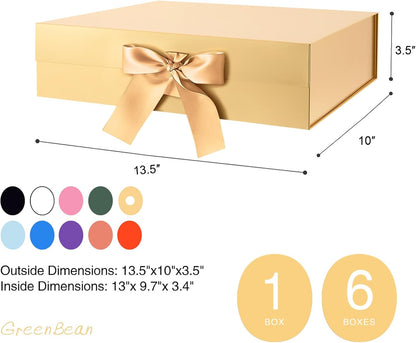 Large Gift Box with Lid for Present 13x9.7x3.4 Inches, Gold Magnetic Luxury Gift Box with Ribbon, Christmas Bridesmaid Proposal Gifts Box (Glossy Gold)