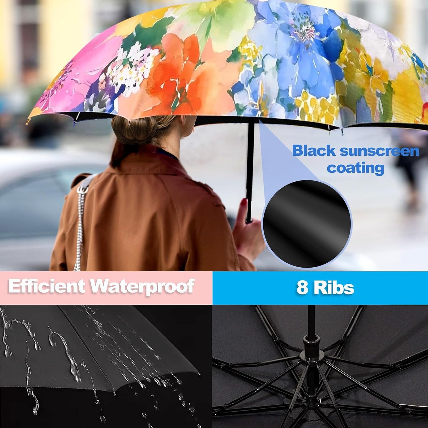 Small Travel Folding Umbrella for Girl, Portable, UV, SunShade, Compact, Automatic, Rain & Wind
