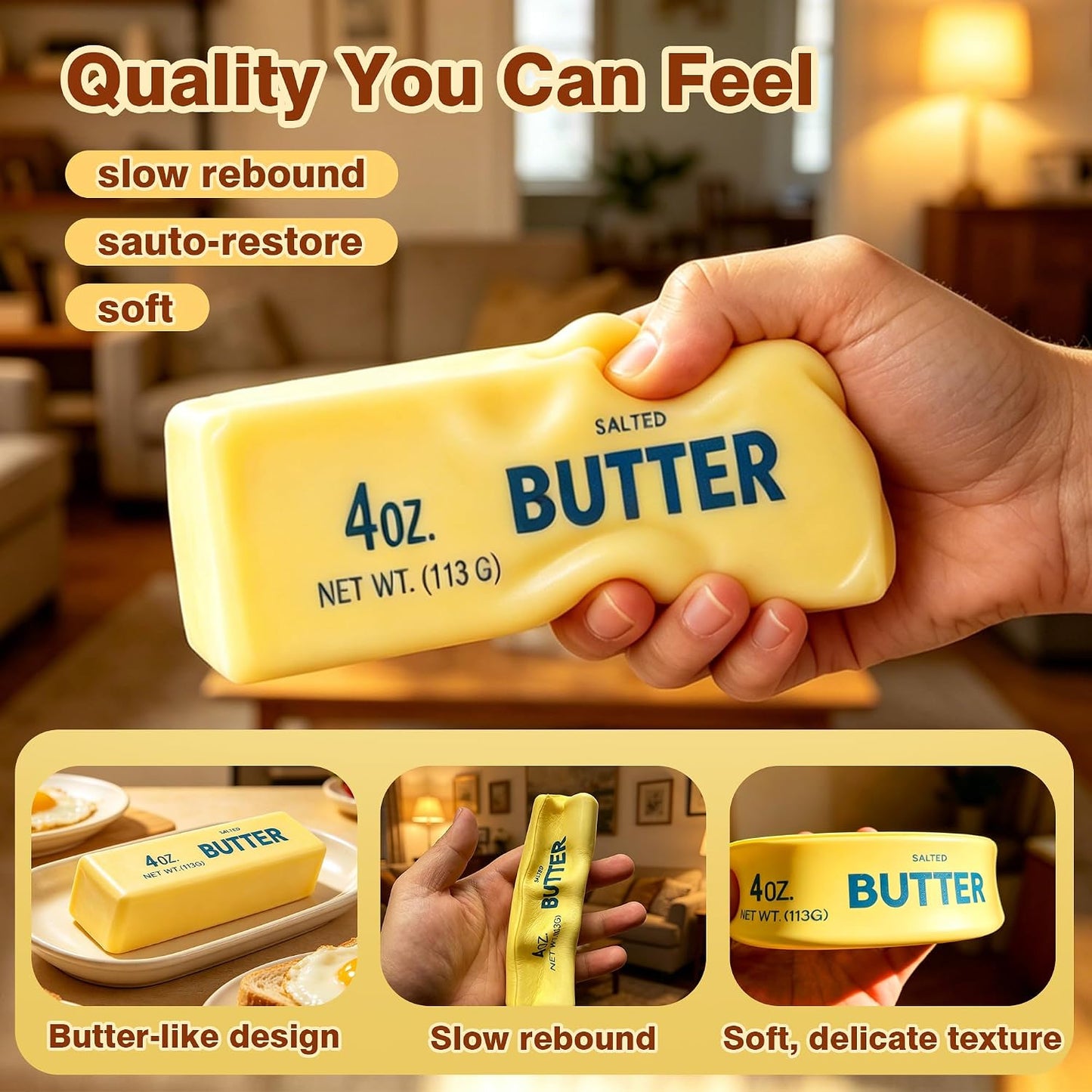 Butter Squishy, Slow Rising Butter Squeeze Toy, Cream Scented Butter Squeeze Toys, Stress Relief Toy for Relaxation, Soft & Safe PU Great for Home Office School(Yellow)