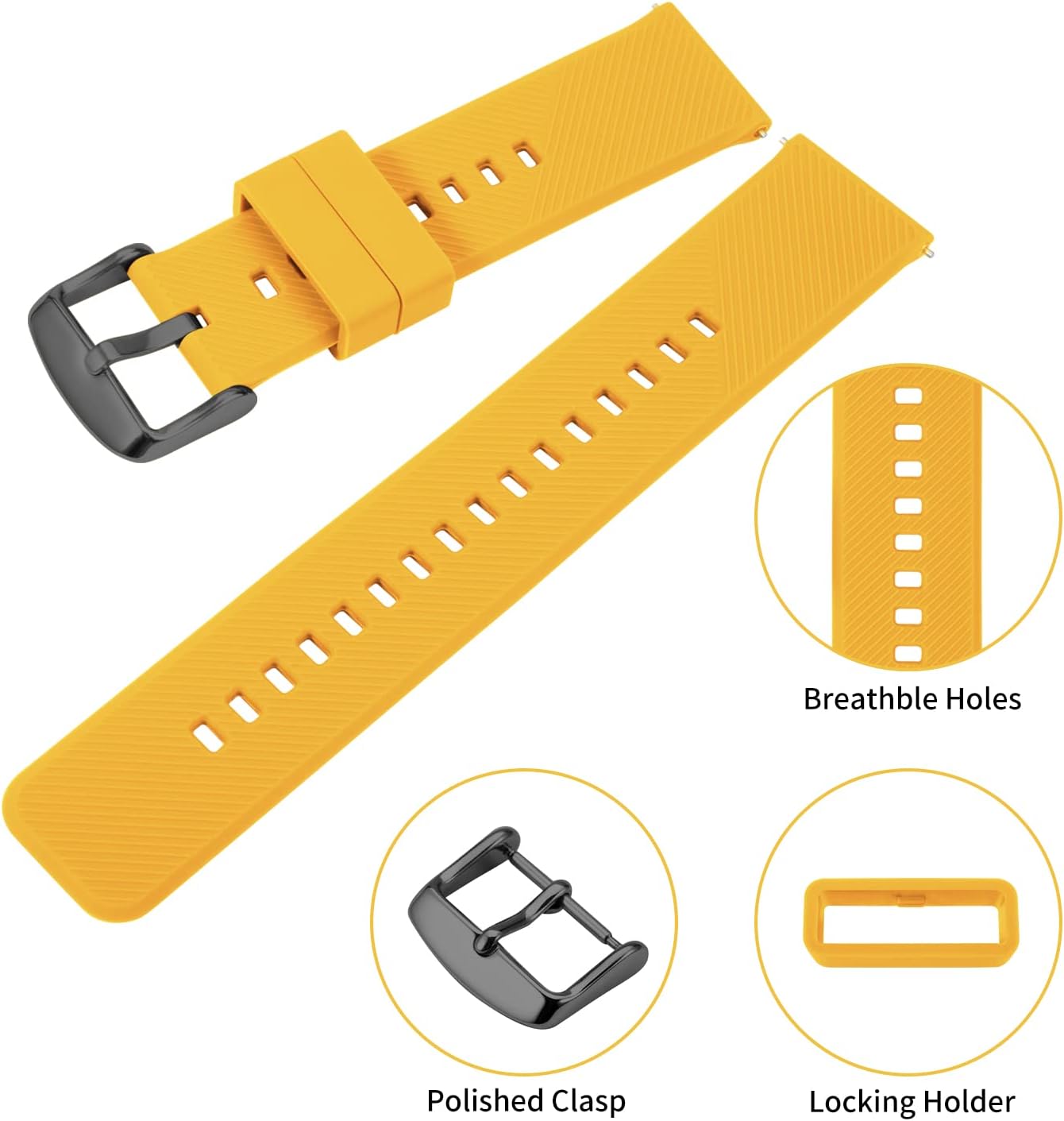 Silicone Watch Bands Rubber - Yellow Quick Release Watch Straps Soft - Waterproof Military Watch Strap for Men Women - for Smart Watches Bracelet Replacement 18mm 19mm 20mm 21mm 22mm
