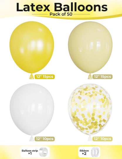Yellow and White Balloons, Pastel Yellow and White Party Balloons | 50Pcs 12inch Yellow White Confetti Balloons for Sunflower Honeybee Birthday Baby Shower Party Decorations, Indoor Outdoor