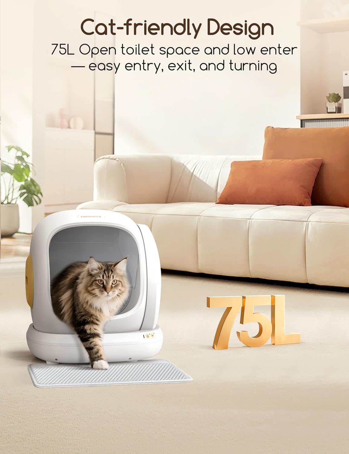 Automatic Cat Litter Box, Large Opening Self Cleaning Litter Box with Safety Protection for Multiple Cats, App Control, Odor-Free, 75L Space, Yellow