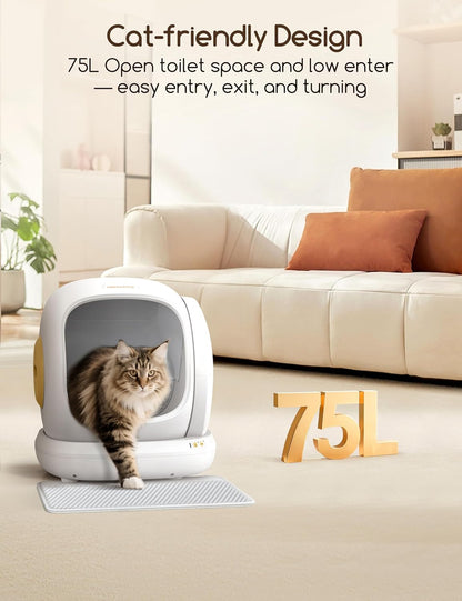Automatic Cat Litter Box, Large Opening Self Cleaning Litter Box with Safety Protection for Multiple Cats, App Control, Odor-Free, 75L Space, Yellow