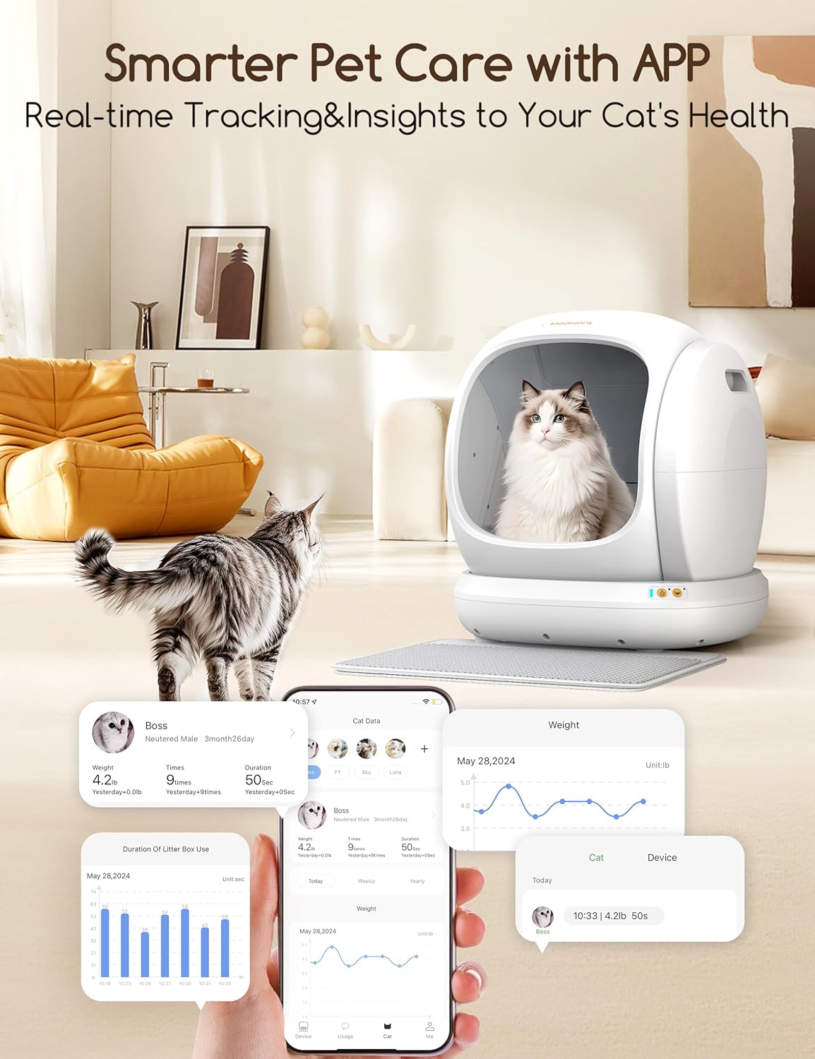Automatic Cat Litter Box, Large Opening Self Cleaning Litter Box with Safety Protection for Multiple Cats, App Control, Odor-Free, 75L Space, Yellow