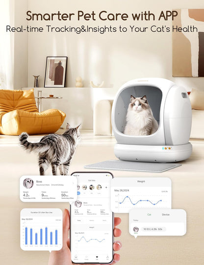 Automatic Cat Litter Box, Large Opening Self Cleaning Litter Box with Safety Protection for Multiple Cats, App Control, Odor-Free, 75L Space, Yellow