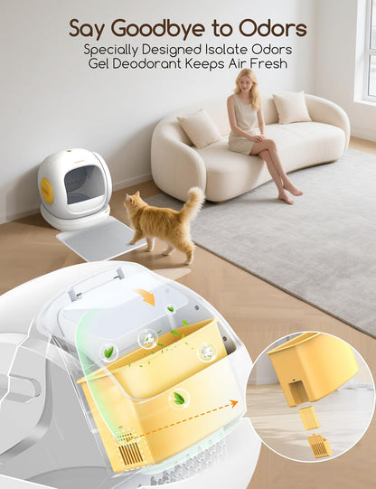 Automatic Cat Litter Box, Large Opening Self Cleaning Litter Box with Safety Protection for Multiple Cats, App Control, Odor-Free, 75L Space, Yellow