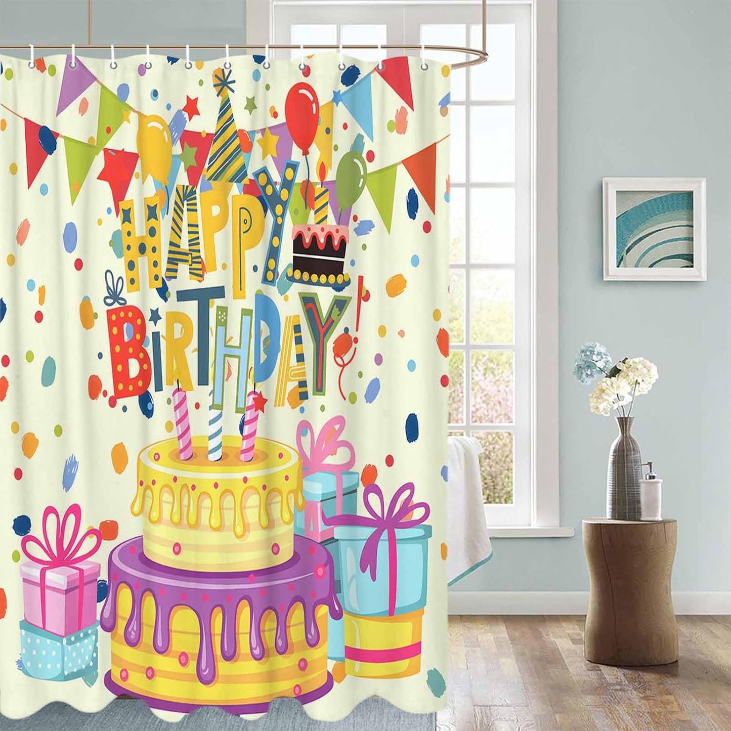 Happy Birthday Shower Curtain with Hooks, Birthday Cake Shower Curtains with Rustproof Grommet, Waterproof Bathroom Decor for Hotel, Bathtub, Camper, 60"x72"