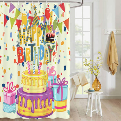 Happy Birthday Shower Curtain with Hooks, Birthday Cake Shower Curtains with Rustproof Grommet, Waterproof Bathroom Decor for Hotel, Bathtub, Camper, 60"x72"