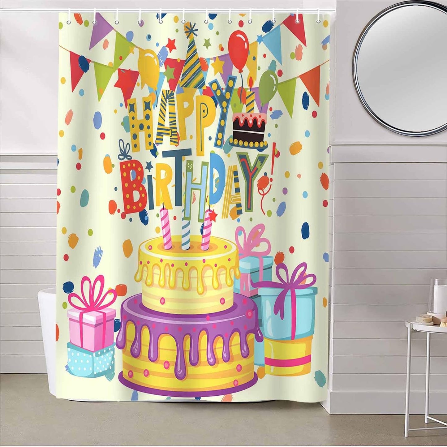 Happy Birthday Shower Curtain with Hooks, Birthday Cake Shower Curtains with Rustproof Grommet, Waterproof Bathroom Decor for Hotel, Bathtub, Camper, 60"x72"