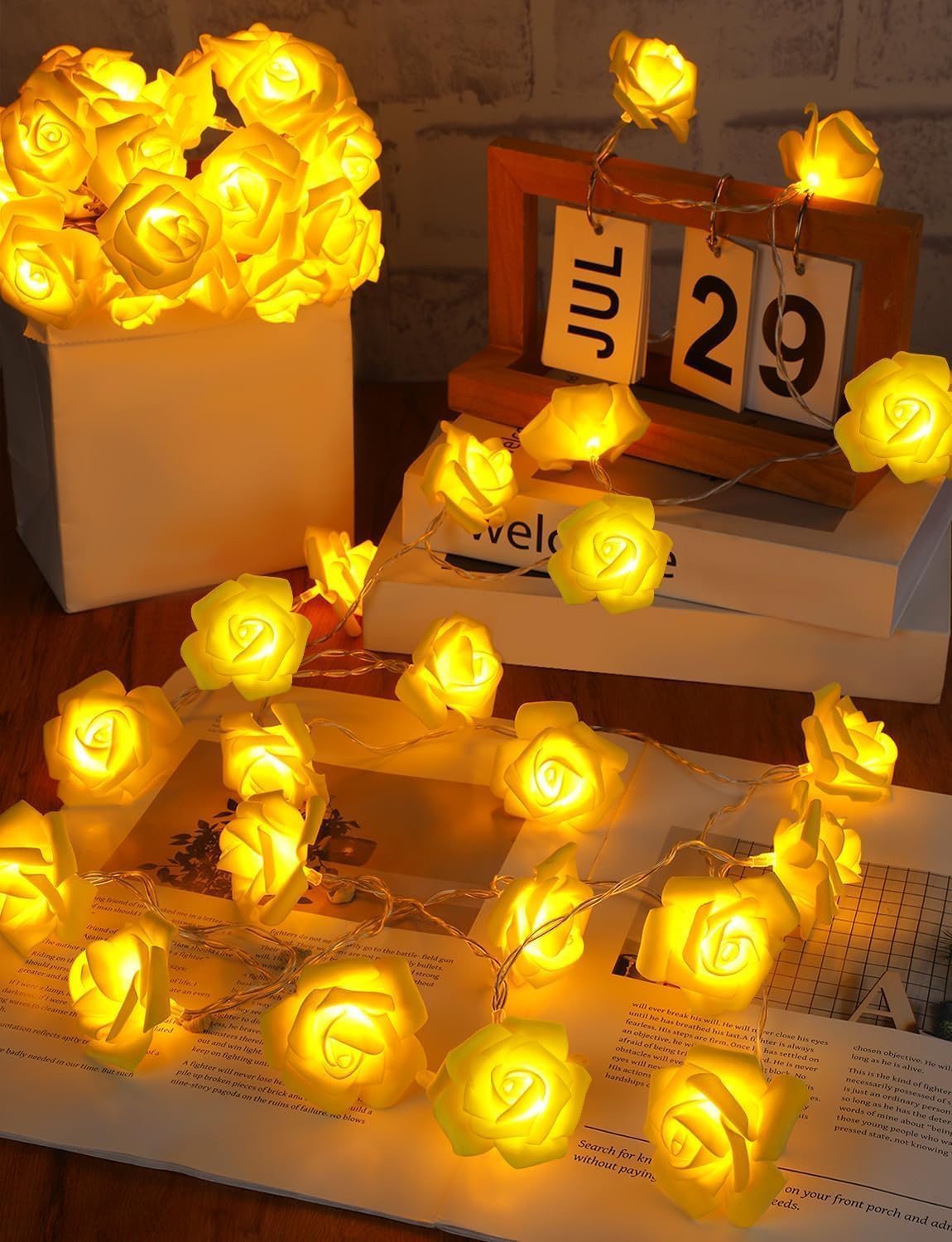 Rose Flower String Lights, 20 LED Battery Operated Romantic Yellow Rose Lights, 10Ft Artificial Flowers Garland Led Lights for Valentine's Day Wedding Indoor Outdoor Festival Party Decor