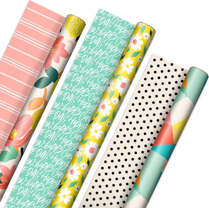 Reversible Wrapping Paper, 3 Rolls (Floral, Lemons, Abstract)