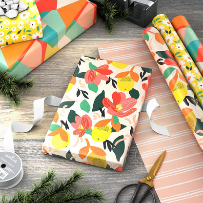 Reversible Wrapping Paper, 3 Rolls (Floral, Lemons, Abstract)