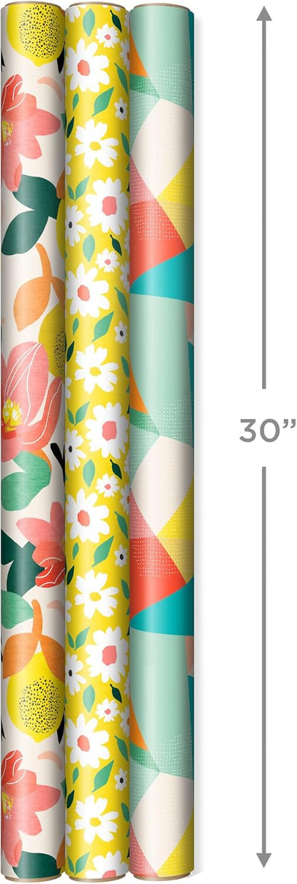 Reversible Wrapping Paper, 3 Rolls (Floral, Lemons, Abstract)