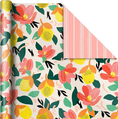 Reversible Wrapping Paper, 3 Rolls (Floral, Lemons, Abstract)