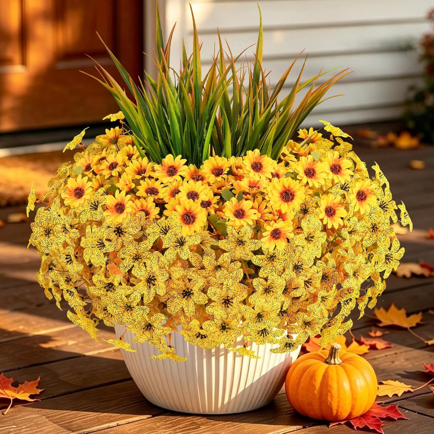 Artificial Fall Mums Flowers for Outdoors, 15 Bundles Faux Mums Daisy Flowers and 3 Greenery UV Resistant for Porch Patio Home Yard Garden Window Box Pot Planters Autumn Decorations, Yellow