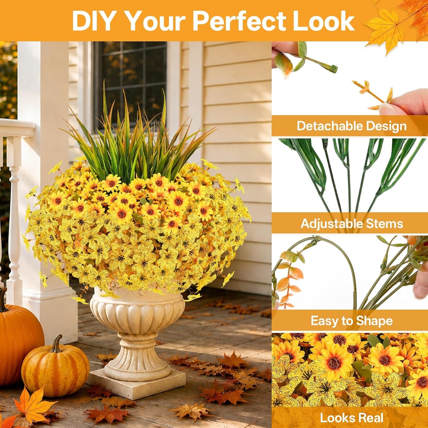 Artificial Fall Mums Flowers for Outdoors, 15 Bundles Faux Mums Daisy Flowers and 3 Greenery UV Resistant for Porch Patio Home Yard Garden Window Box Pot Planters Autumn Decorations, Yellow