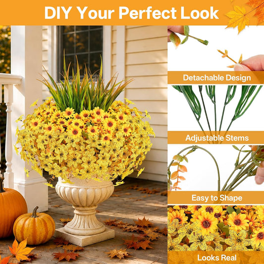 Artificial Fall Mums Flowers for Outdoors, 15 Bundles Faux Mums Daisy Flowers and 3 Greenery UV Resistant for Porch Patio Home Yard Garden Window Box Pot Planters Autumn Decorations, Yellow