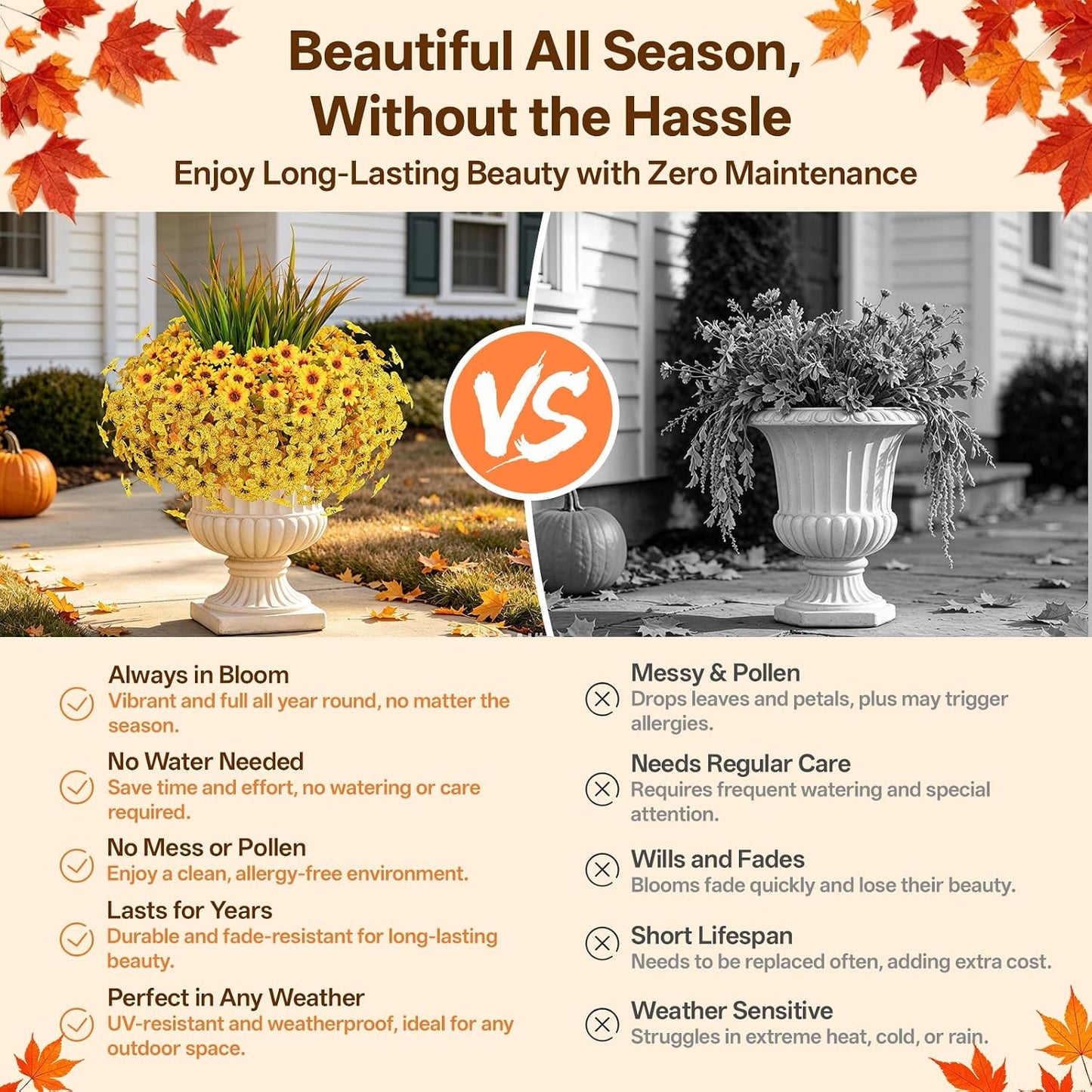 Artificial Fall Mums Flowers for Outdoors, 15 Bundles Faux Mums Daisy Flowers and 3 Greenery UV Resistant for Porch Patio Home Yard Garden Window Box Pot Planters Autumn Decorations, Yellow