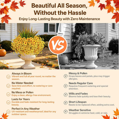 Artificial Fall Mums Flowers for Outdoors, 15 Bundles Faux Mums Daisy Flowers and 3 Greenery UV Resistant for Porch Patio Home Yard Garden Window Box Pot Planters Autumn Decorations, Yellow
