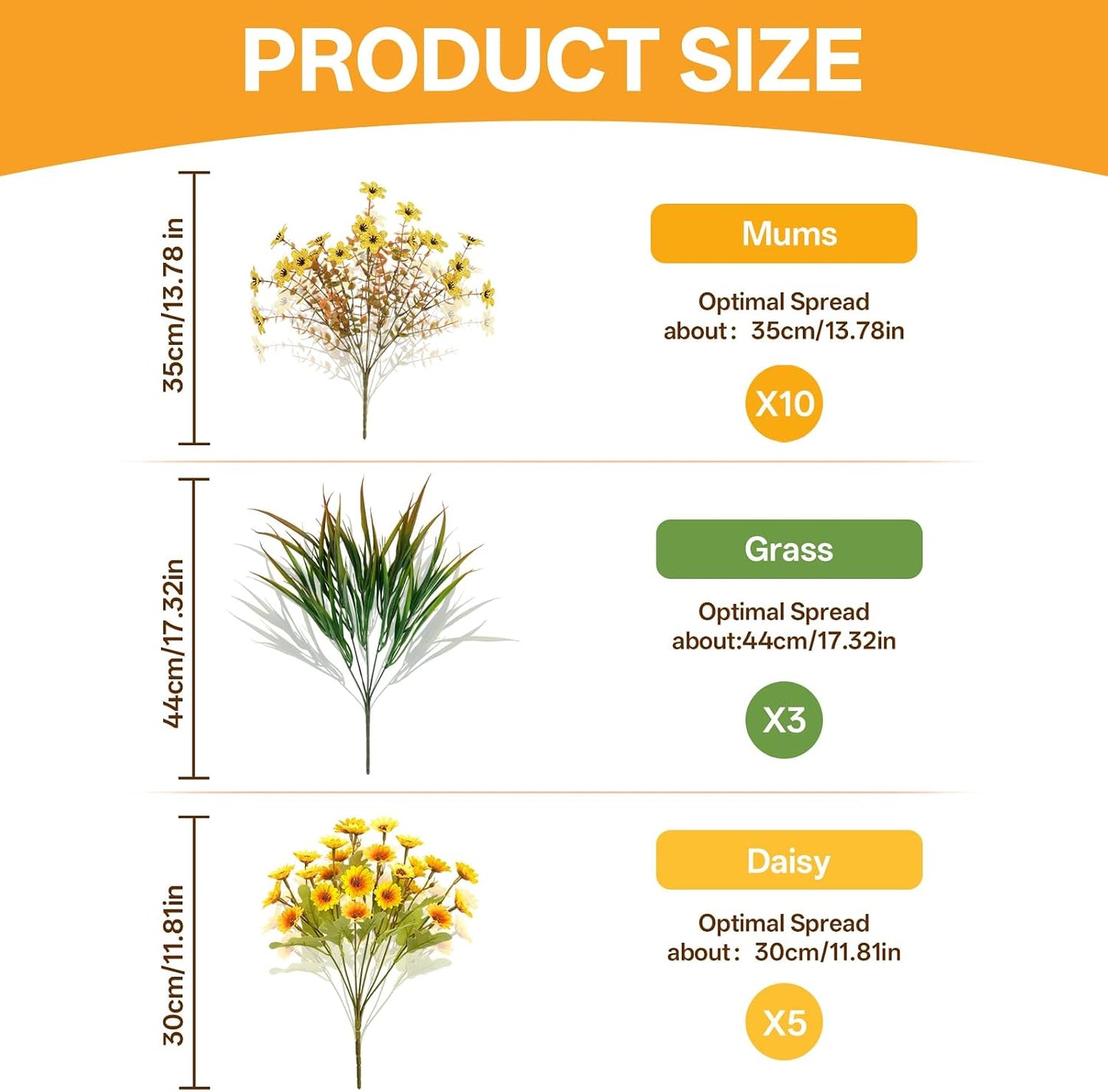 Artificial Fall Mums Flowers for Outdoors, 15 Bundles Faux Mums Daisy Flowers and 3 Greenery UV Resistant for Porch Patio Home Yard Garden Window Box Pot Planters Autumn Decorations, Yellow
