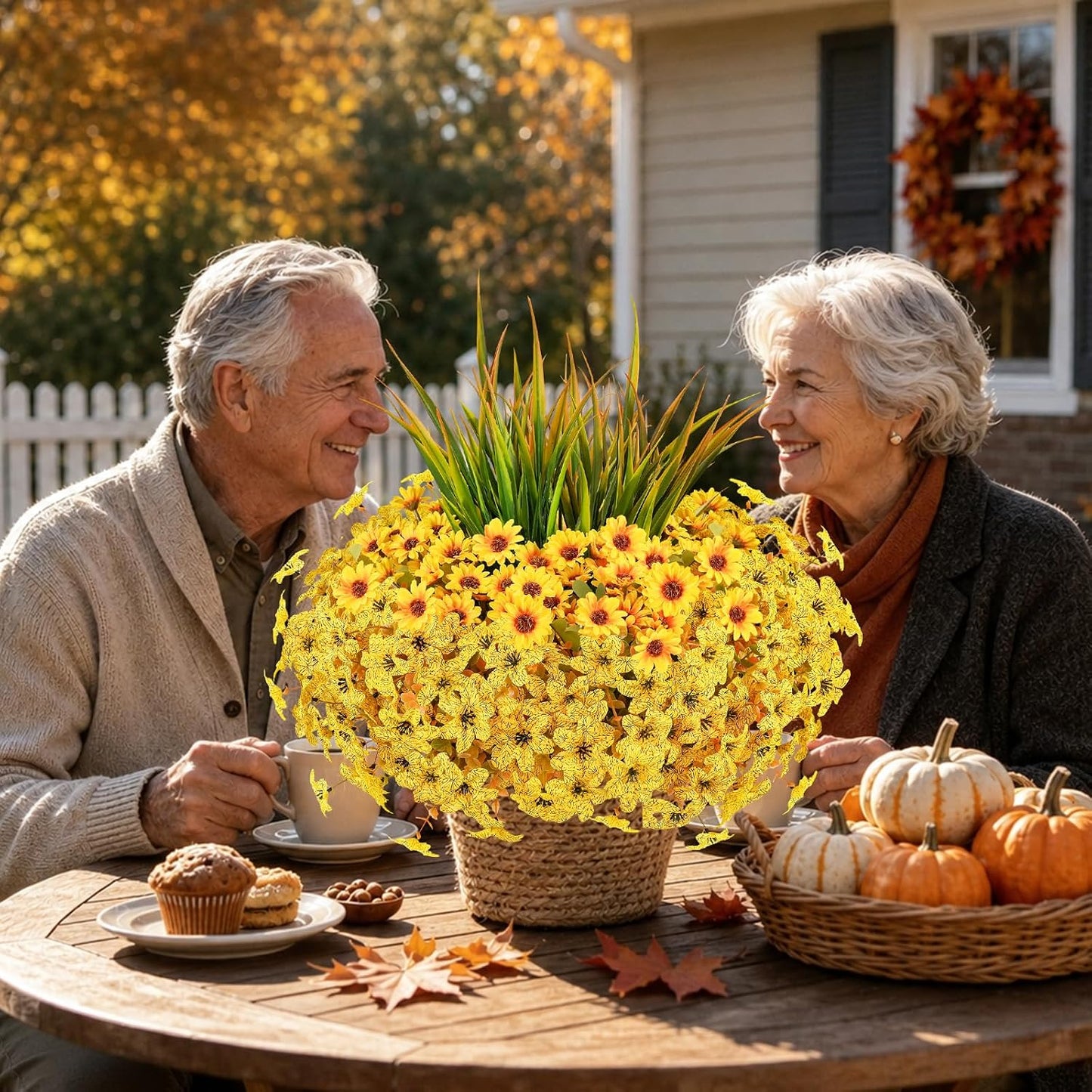 Artificial Fall Mums Flowers for Outdoors, 15 Bundles Faux Mums Daisy Flowers and 3 Greenery UV Resistant for Porch Patio Home Yard Garden Window Box Pot Planters Autumn Decorations, Yellow
