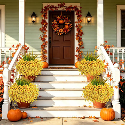 Artificial Fall Mums Flowers for Outdoors, 15 Bundles Faux Mums Daisy Flowers and 3 Greenery UV Resistant for Porch Patio Home Yard Garden Window Box Pot Planters Autumn Decorations, Yellow