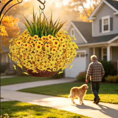 Artificial Fall Mums Flowers for Outdoors, 15 Bundles Faux Mums Daisy Flowers and 3 Greenery UV Resistant for Porch Patio Home Yard Garden Window Box Pot Planters Autumn Decorations, Yellow