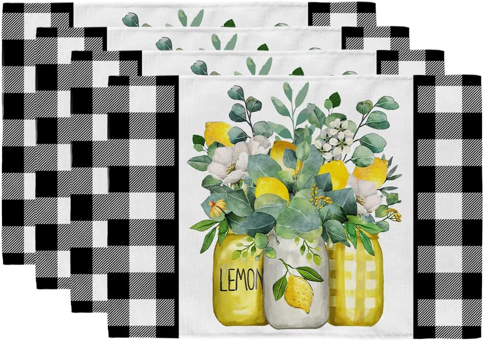 Lemon Summer Placemats 12x18 Inch Set of 4 Black Vase Spring Table Mats Farmhouse Rustic Holiday Kitchen Dining Table Decoration for Indoor Outdoor Dinner Party Décor GP084-18