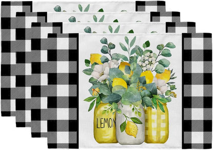 Lemon Summer Placemats 12x18 Inch Set of 4 Black Vase Spring Table Mats Farmhouse Rustic Holiday Kitchen Dining Table Decoration for Indoor Outdoor Dinner Party Décor GP084-18