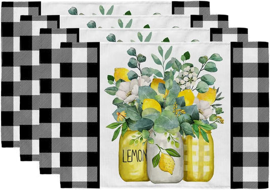Lemon Summer Placemats 12x18 Inch Set of 4 Black Vase Spring Table Mats Farmhouse Rustic Holiday Kitchen Dining Table Decoration for Indoor Outdoor Dinner Party Décor GP084-18
