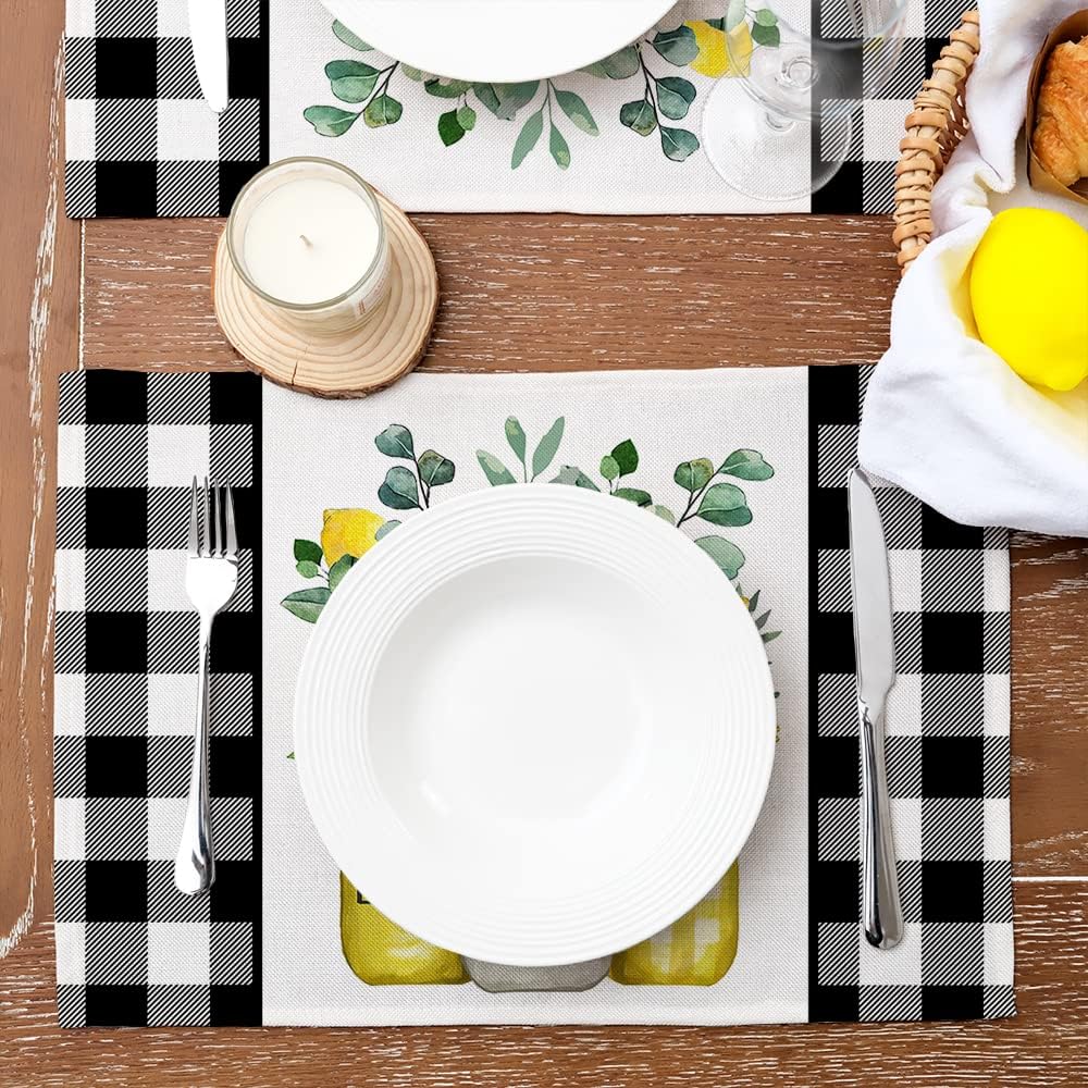 Lemon Summer Placemats 12x18 Inch Set of 4 Black Vase Spring Table Mats Farmhouse Rustic Holiday Kitchen Dining Table Decoration for Indoor Outdoor Dinner Party Décor GP084-18