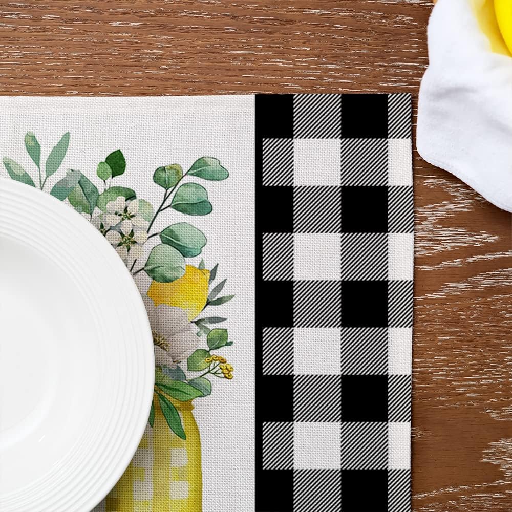 Lemon Summer Placemats 12x18 Inch Set of 4 Black Vase Spring Table Mats Farmhouse Rustic Holiday Kitchen Dining Table Decoration for Indoor Outdoor Dinner Party Décor GP084-18