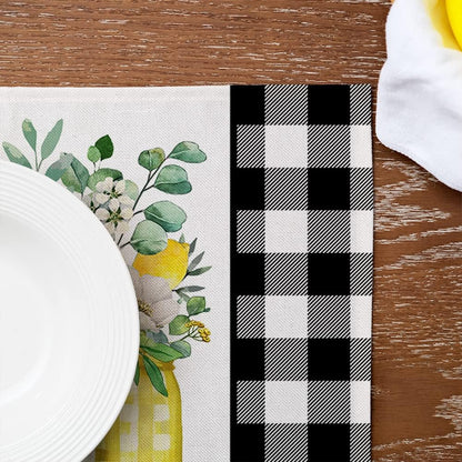 Lemon Summer Placemats 12x18 Inch Set of 4 Black Vase Spring Table Mats Farmhouse Rustic Holiday Kitchen Dining Table Decoration for Indoor Outdoor Dinner Party Décor GP084-18