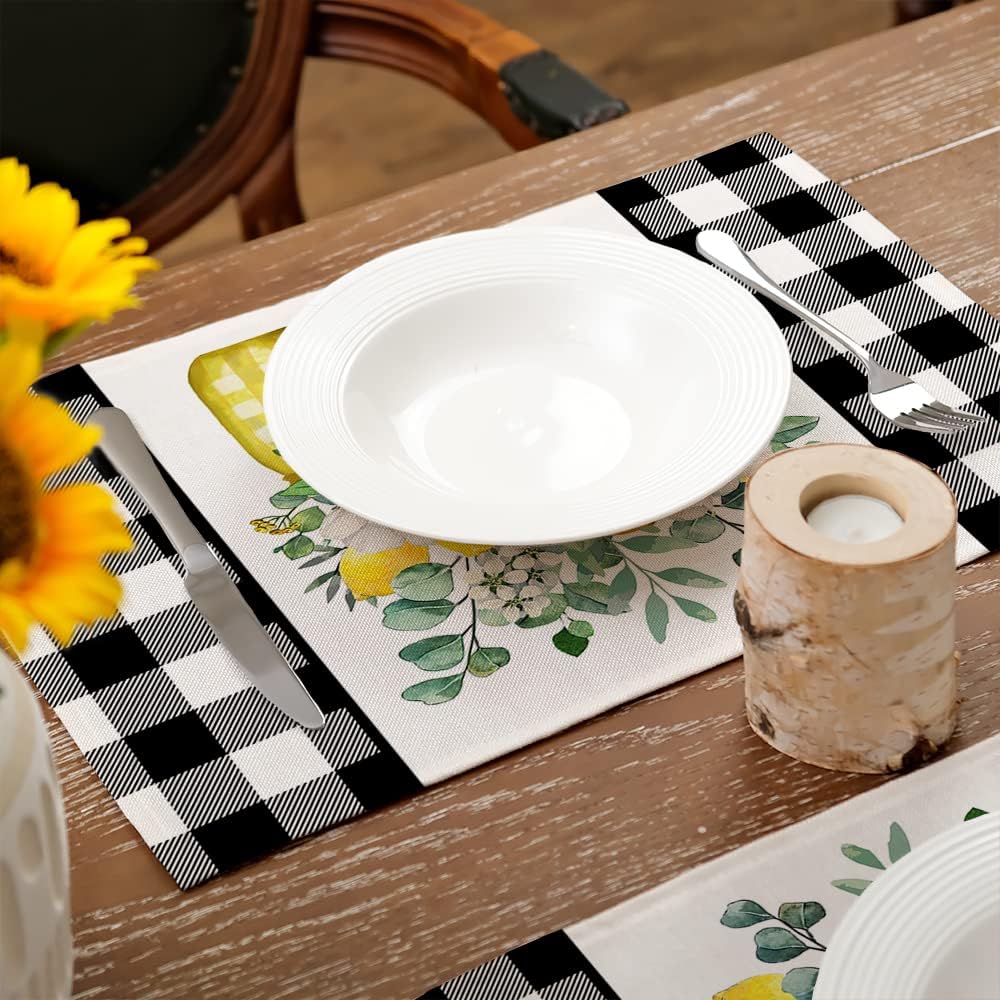 Lemon Summer Placemats 12x18 Inch Set of 4 Black Vase Spring Table Mats Farmhouse Rustic Holiday Kitchen Dining Table Decoration for Indoor Outdoor Dinner Party Décor GP084-18