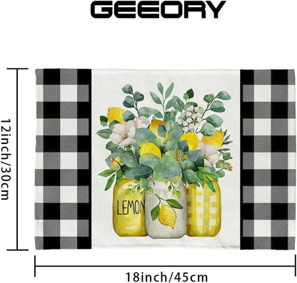 Lemon Summer Placemats 12x18 Inch Set of 4 Black Vase Spring Table Mats Farmhouse Rustic Holiday Kitchen Dining Table Decoration for Indoor Outdoor Dinner Party Décor GP084-18